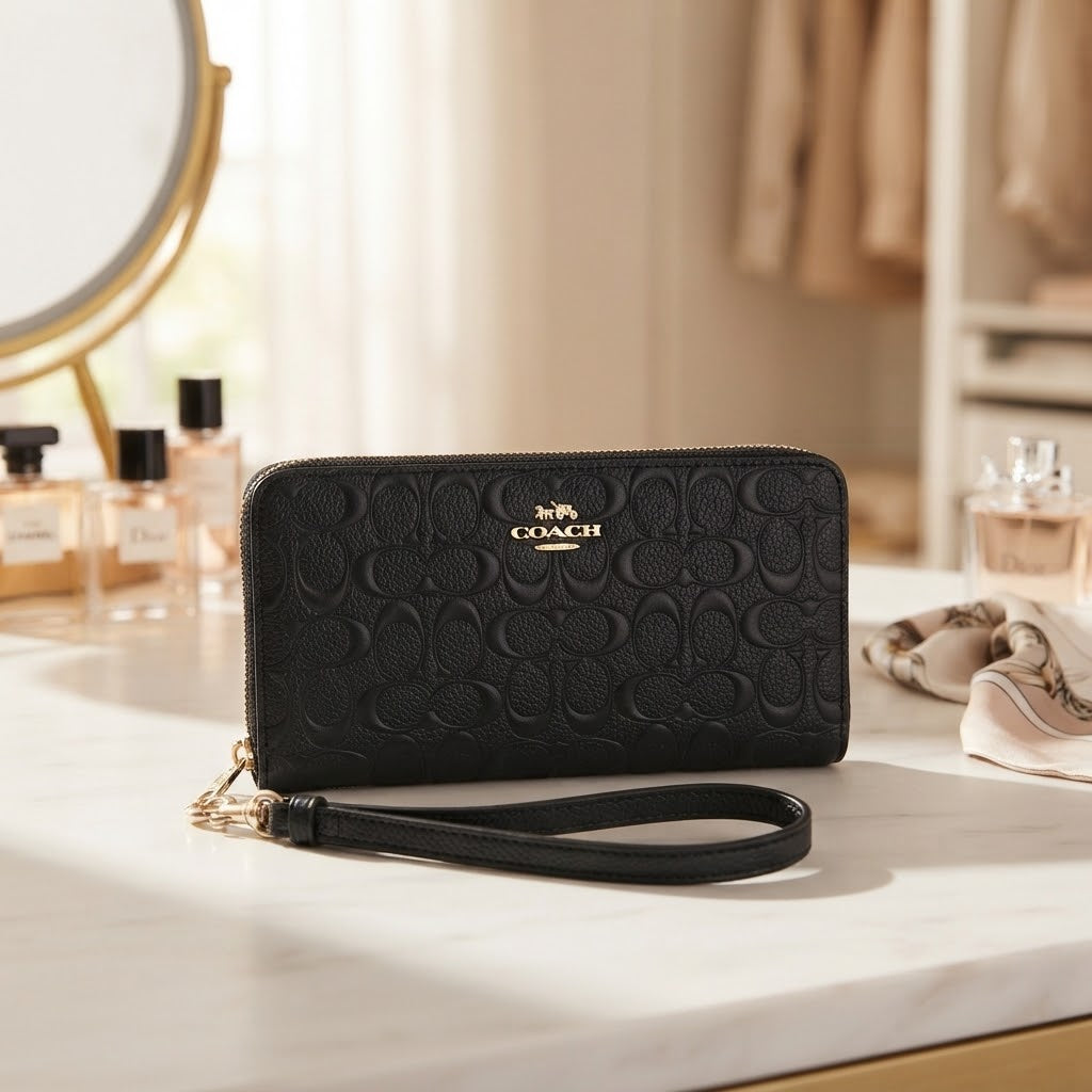 Coach Signature Black Embossed Accordion Zip Around Wallet with Wrist Strap