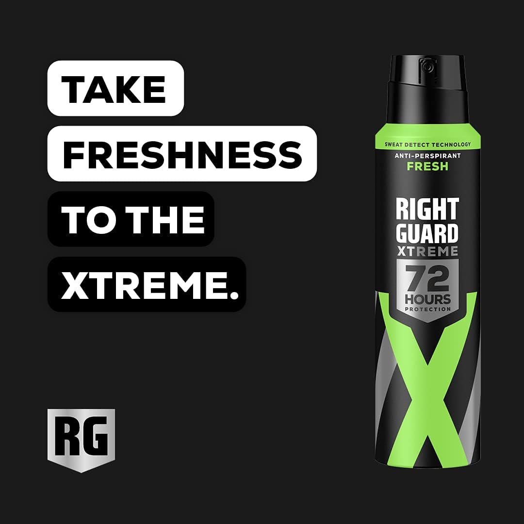 Right Guard Fresh 150ml showcasing advanced Sweat Detect Technology for effective sweat and odor protection.