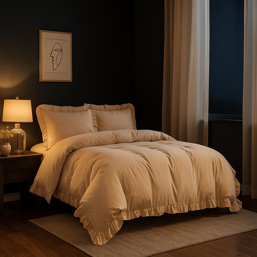 4 piece Santiago Frilled Duvet Cover & Pillowcases Plain Soft Quilt Bedding Sets displayed on a neatly made bed, showcasing elegant ruffle design and soft-touch fabric.