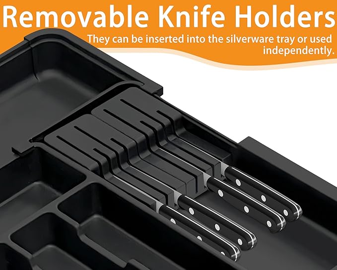 Multi-Compartment Black Plastic Drawer & Kitchen Gadgets Organizer with a sleek matte black finish, perfect for modern kitchens and reducing clutter.