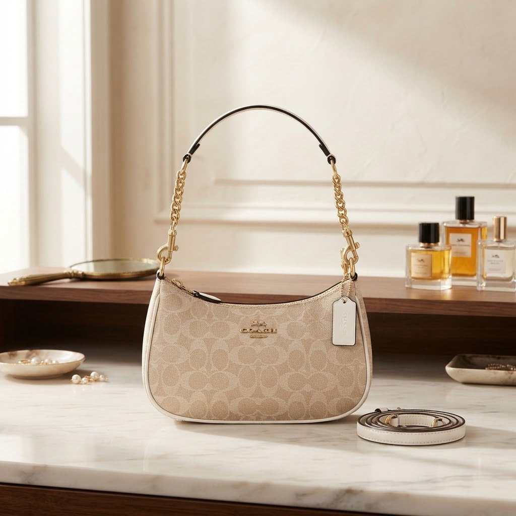 Coach Signature Khaki Jacquard Chain Shoulder Bag