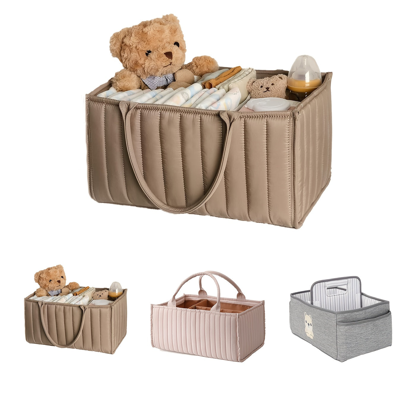 Baby Soft Beige Fabric Organizer Basket folded for easy storage, demonstrating its collapsible design and versatility for nursery organization.