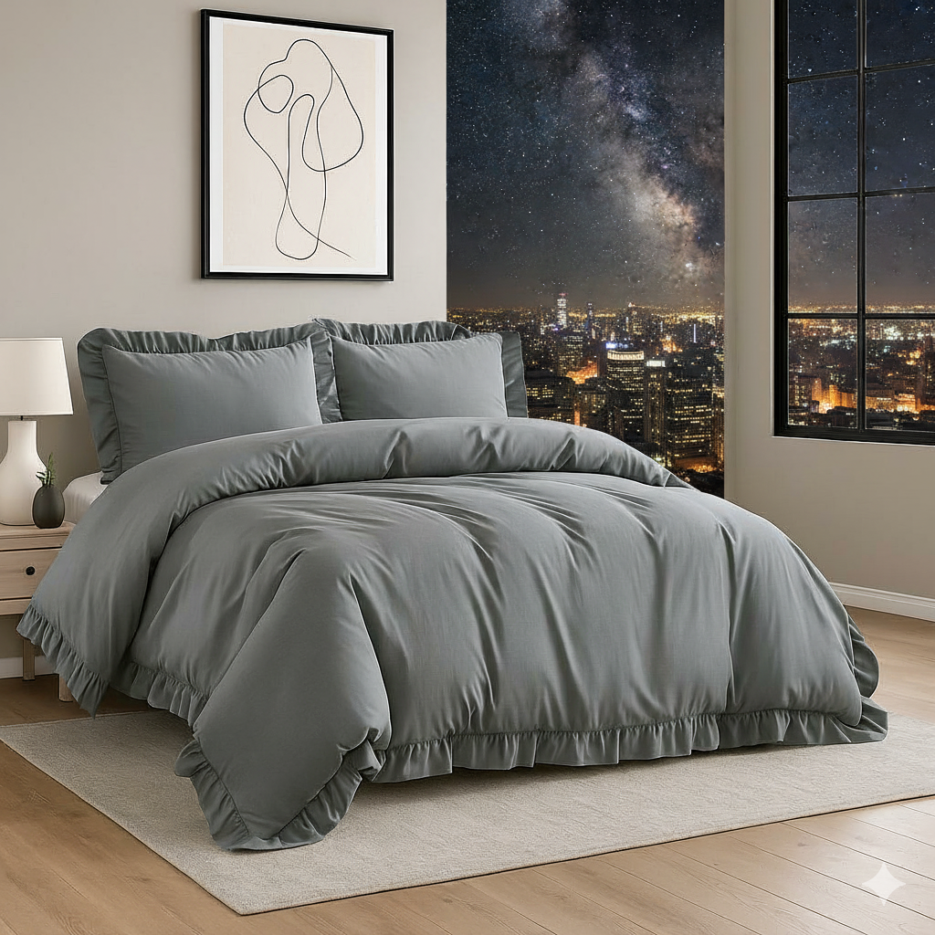 Close-up of 4 piece Santiago Frilled Duvet Cover & Pillowcases Plain Soft Quilt Bedding Sets highlighting the luxurious quality and smooth texture of the Polycotton material.