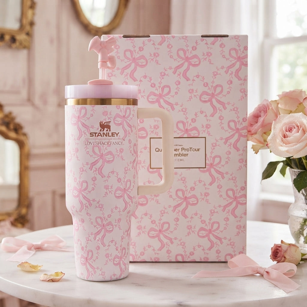 Stanley x LoveShackFancy Insulated Stainless Steel Quencher H2.0(20oz) FlowState Tumbler with Straw and Gift Box, White & Pink Bows