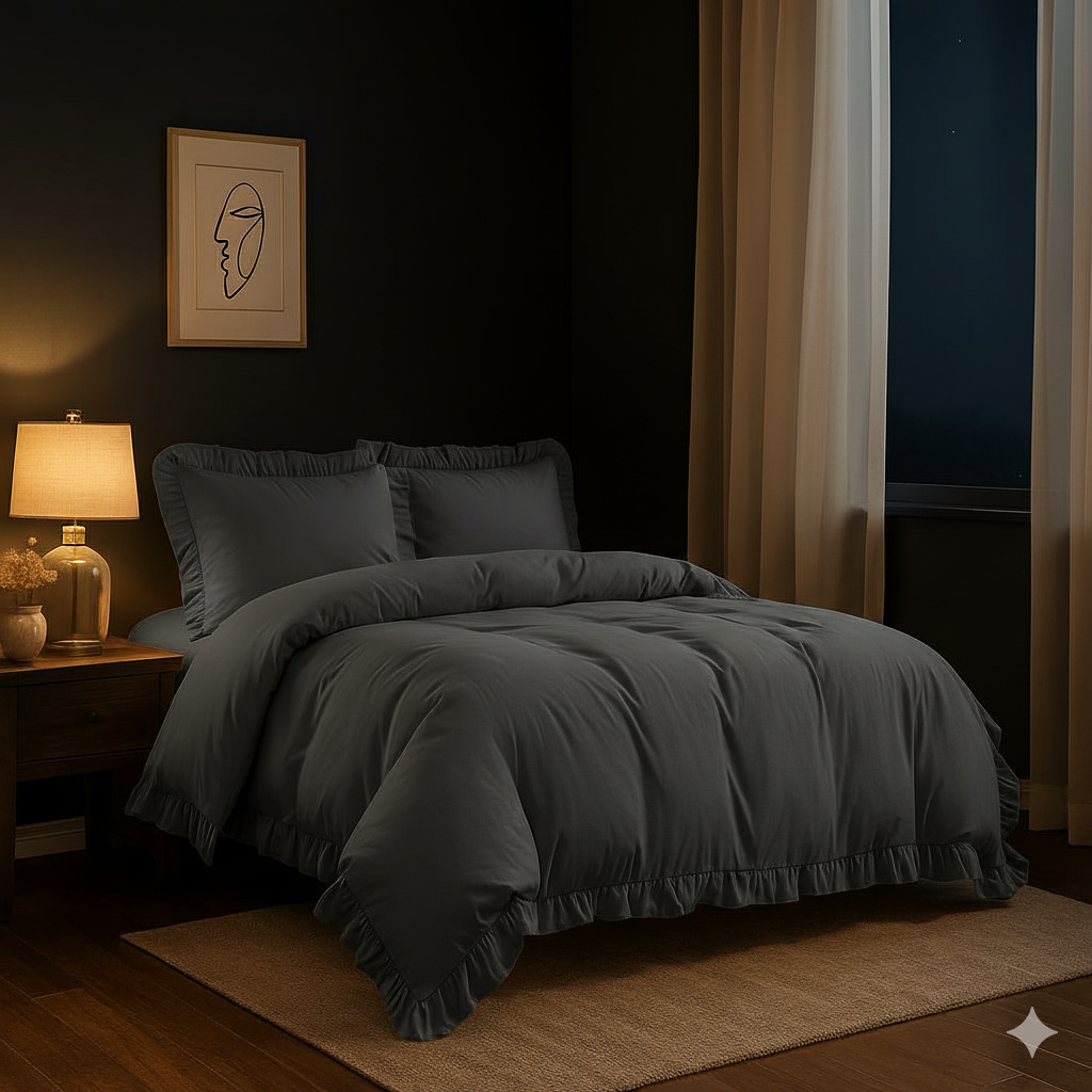 4 piece Santiago Frilled Duvet Cover & Pillowcases Plain Soft Quilt Bedding Sets on display with a focus on the easy-care fabric and wrinkle-resistance features.