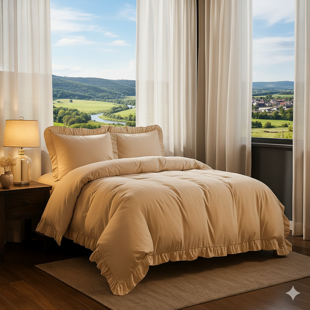 4 piece Santiago Frilled Duvet Cover & Pillowcases Plain Soft Quilt Bedding Sets featuring elegant ruffle design in soft-touch polycotton for comfort and durability.