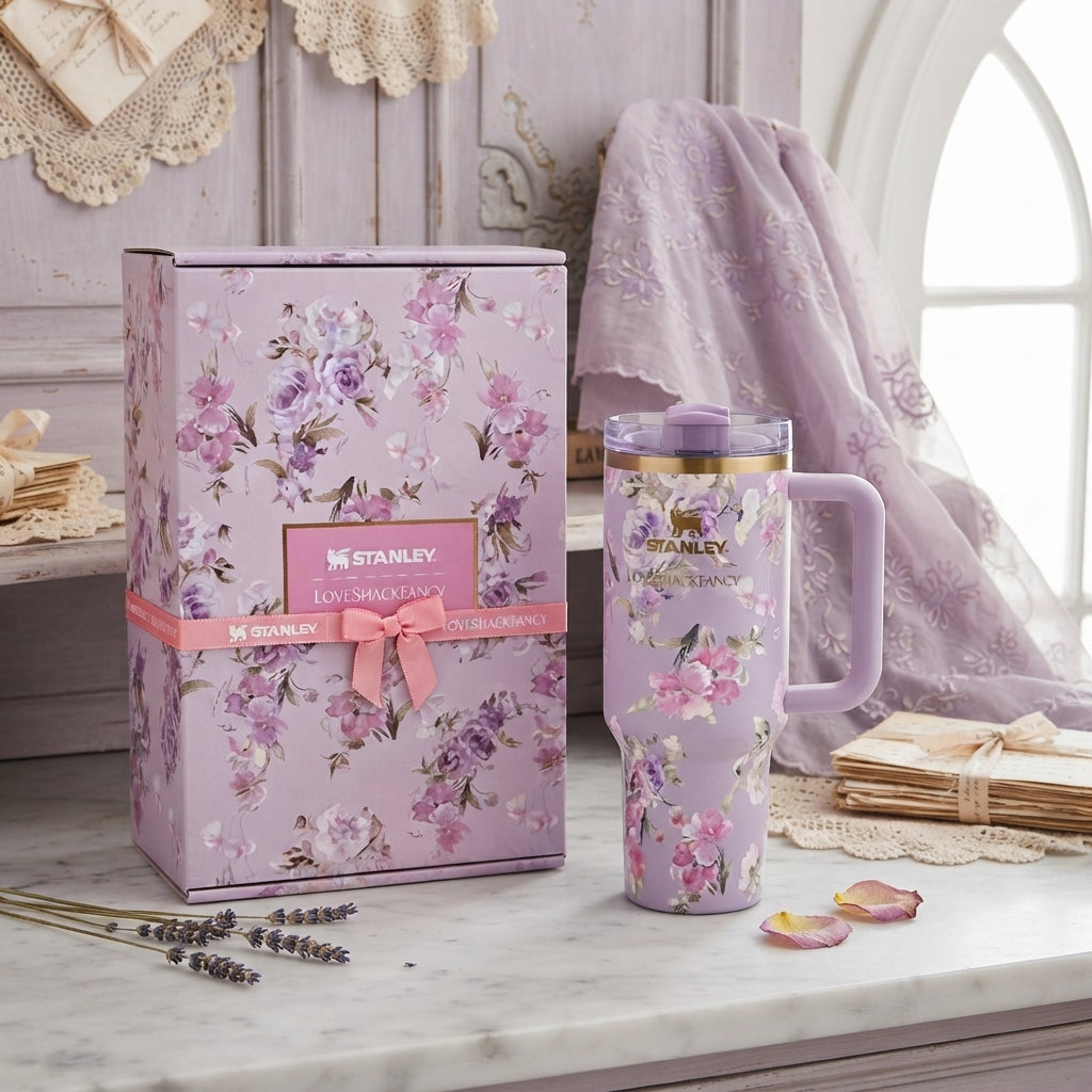 Stanley x LoveShackFancy Insulated Stainless Steel Quencher H2.0 FlowState Tumbler with Straw and Gift Box, Lavender Floral
