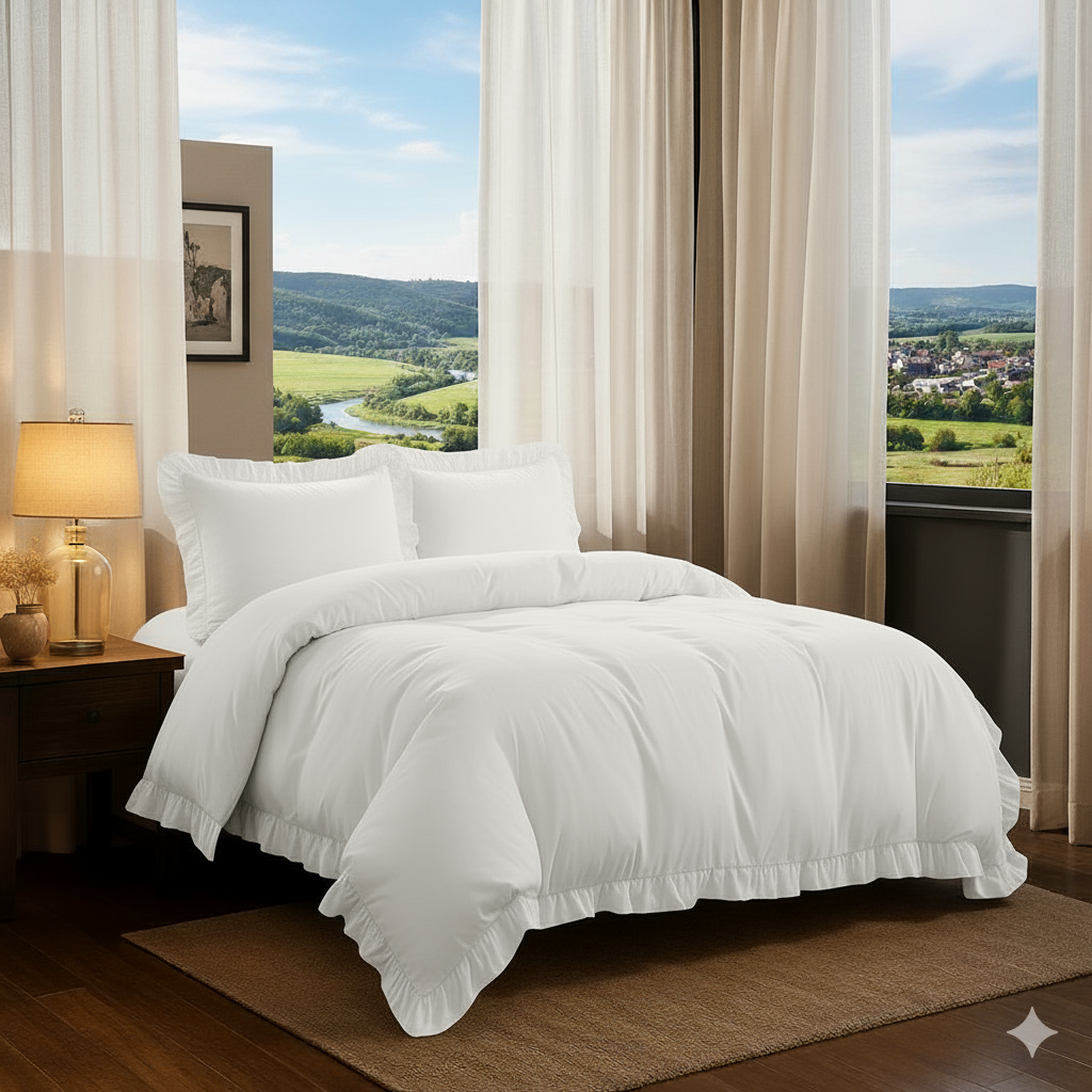 4 piece Santiago Frilled Duvet Cover & Pillowcases Plain Soft Quilt Bedding Sets in a serene bedroom setting, illustrating its comfortable softness and durability.
