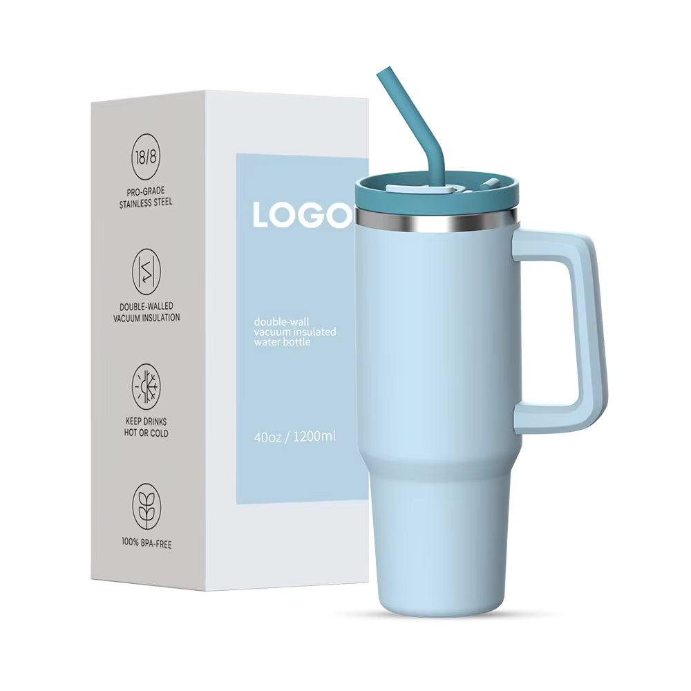 Easy Grip Blue Straw Mug featuring double-wall insulation for maintaining drink temperatures, suitable for home, office, and outdoor activities.