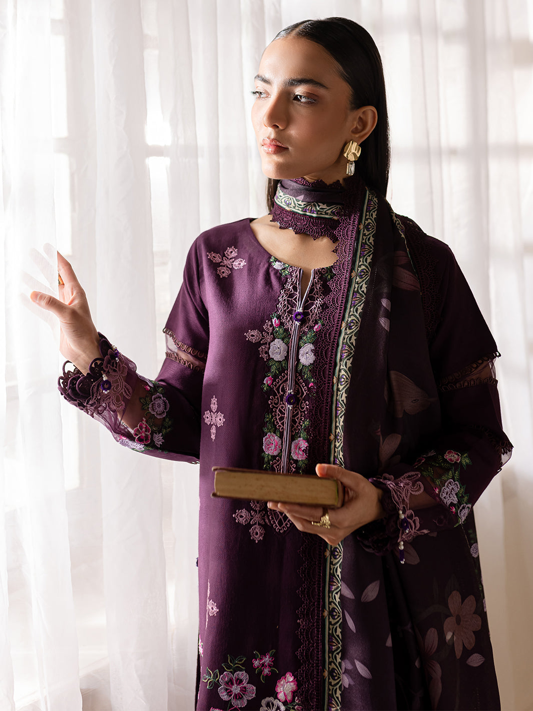 3 PC Embroidered Crepe Suit with Wool Shawl