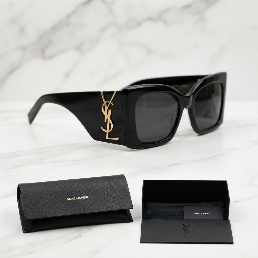 Saint Laurent YSL Monogram Black Square Sunglasses with Case & Box Set