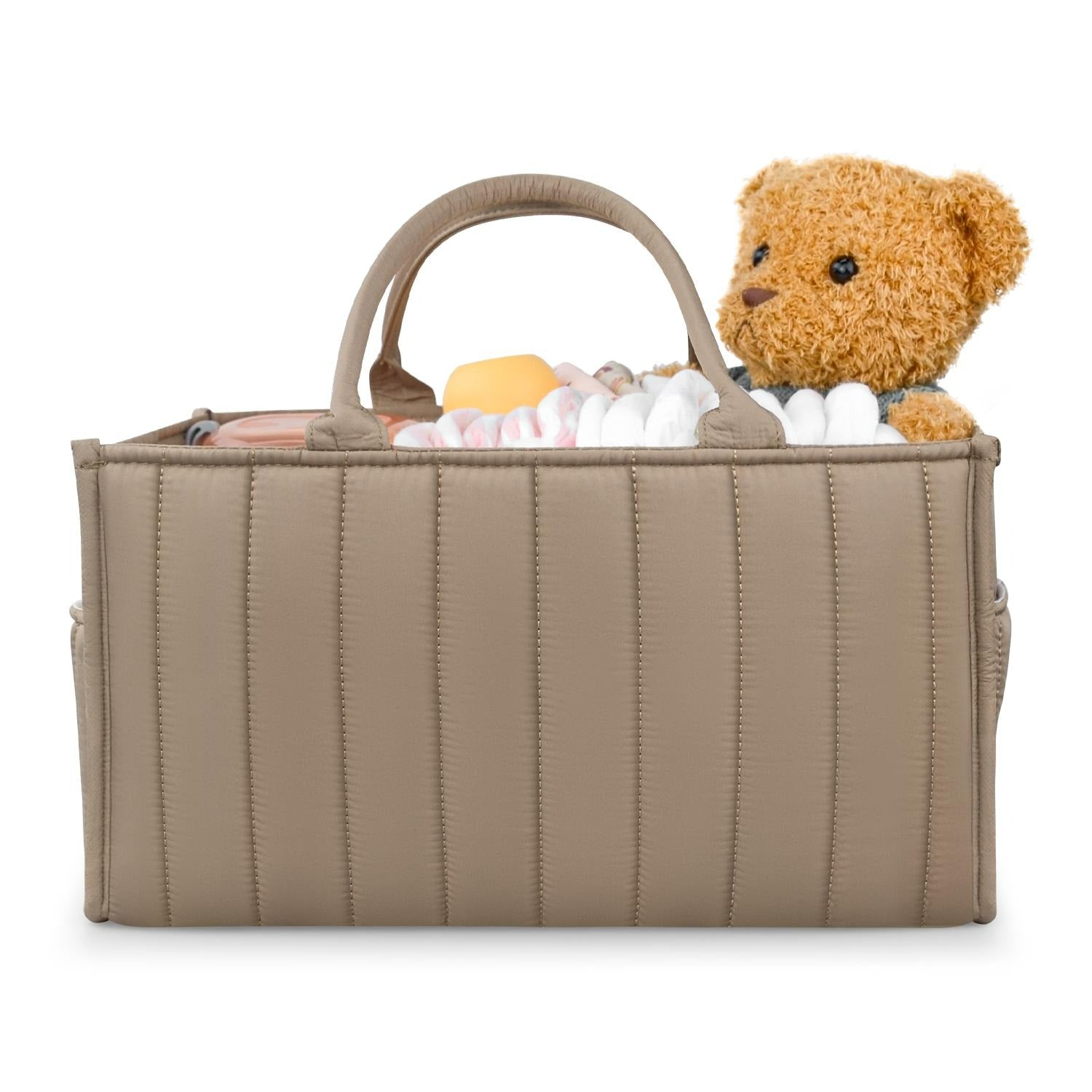 Baby Soft Beige Fabric Organizer Basket showcasing its elegant design and spacious interior, perfect for baby essentials.