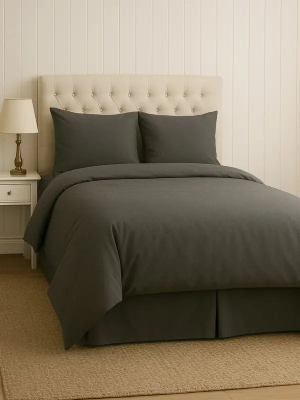 Luxury 4-Piece Charcoal Microfiber Bedding Set featuring soft, breathable material for comfortable sleep. Elegant charcoal color adds sophistication to any bedroom decor.