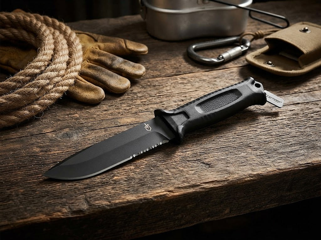 Tactical Serrated Fixed Blade Survival Knife with All-Black Finish