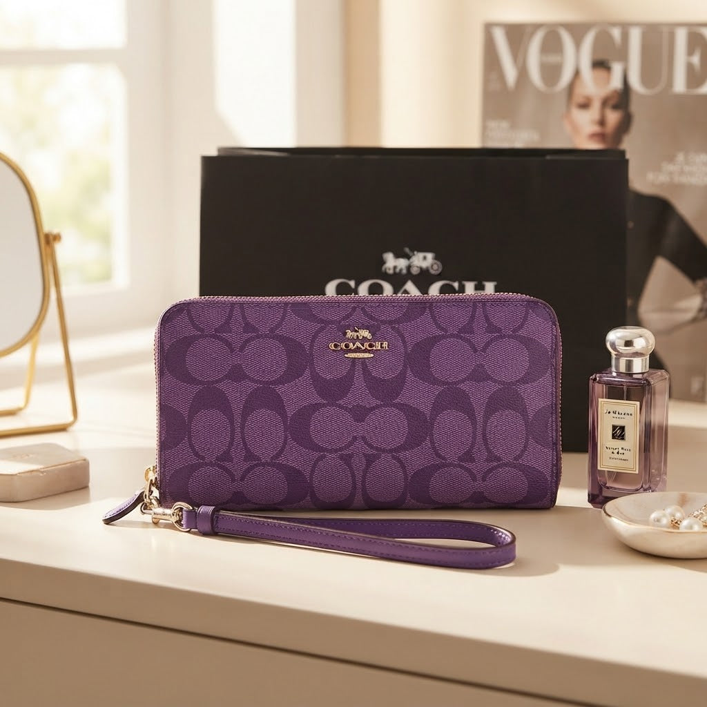 Coach Signature Purple Accordion Zip Around Wallet with Wrist Strap