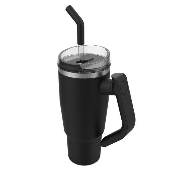 Easy Grip Black Straw Mug with a sleek matte black finish, designed for comfortable sipping and easy handling, featuring a built-in reusable straw and ergonomic easy-grip handle.
