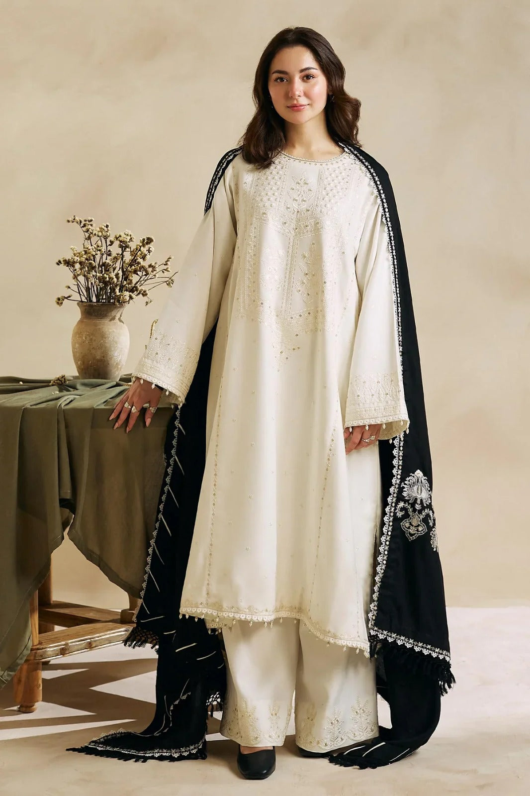 3PC DHANAK EMBROIDERED SHIRT WITH DHANAK EMBROIDERED DUAPTTA AND TROUSER