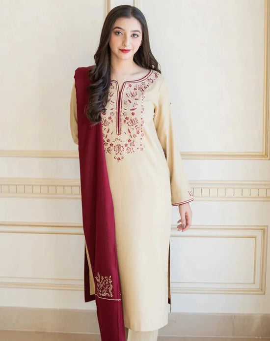 3 Piece Unstitched Heavy Embroidered Dhanak Suit  Full Embroidered Dhanak Shawl