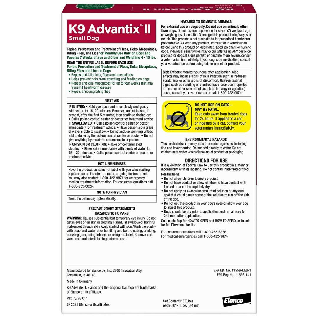 K9 Advantix II Flea, Tick & Mosquito Treatment for Small Dogs (4-10 lbs) – 6 Doses