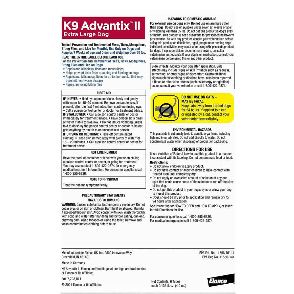 K9 Advantix II Flea, Tick & Mosquito Treatment for Extra Large Dogs (Over 55 lbs) – 6 Doses