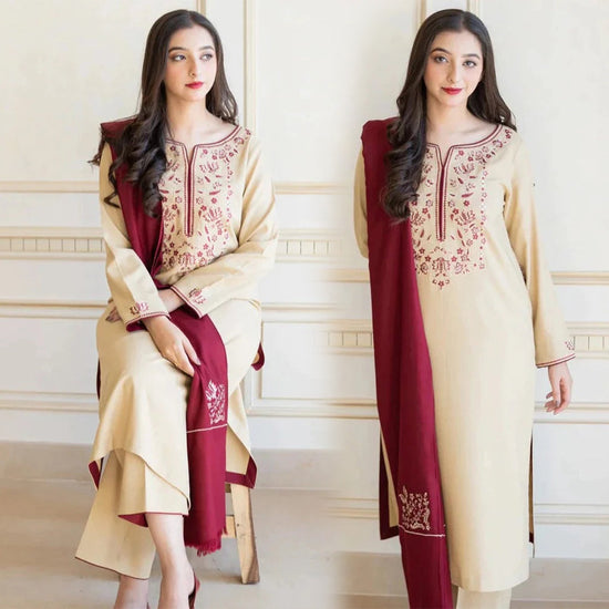 3 Piece Unstitched Heavy Embroidered Dhanak Suit  Full Embroidered Dhanak Shawl