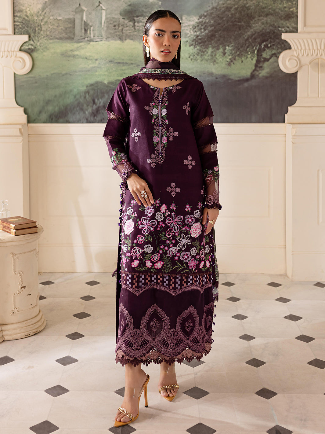 3 PC Embroidered Crepe Suit with Wool Shawl CP-01