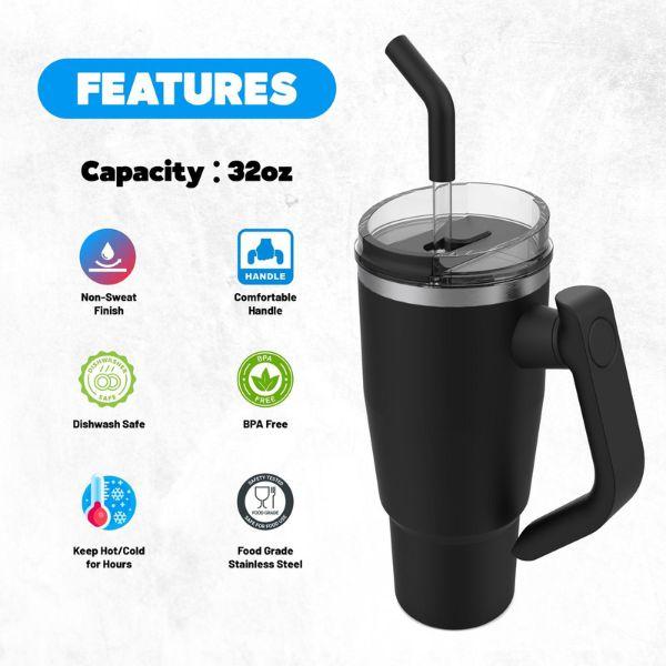 Easy Grip Black Straw Mug featuring a sleek matte black finish with an ergonomic easy-grip handle, ideal for sipping iced coffee, smoothies, and water, perfect for home, office, or outdoor use.