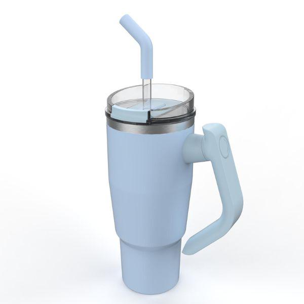 Easy Grip Blue Straw Mug showcasing its stylish matte blue finish and ergonomic handle, perfect for comfortable sipping on the go.