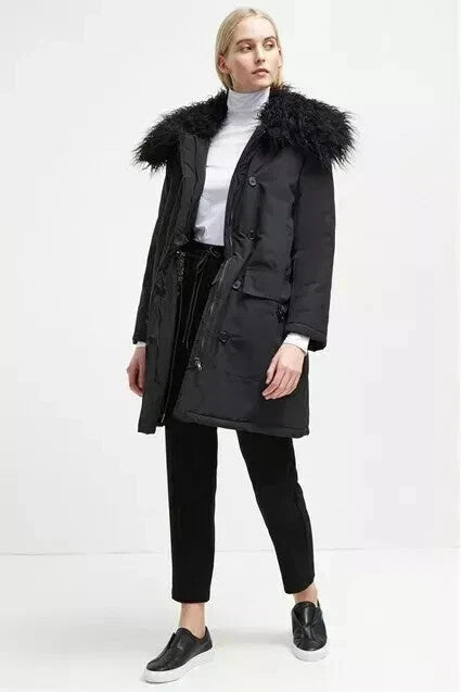 FRENCH CONNECTION Women's Marlow Utility Faux Fur Parka Coat Black Jacket SIZE S