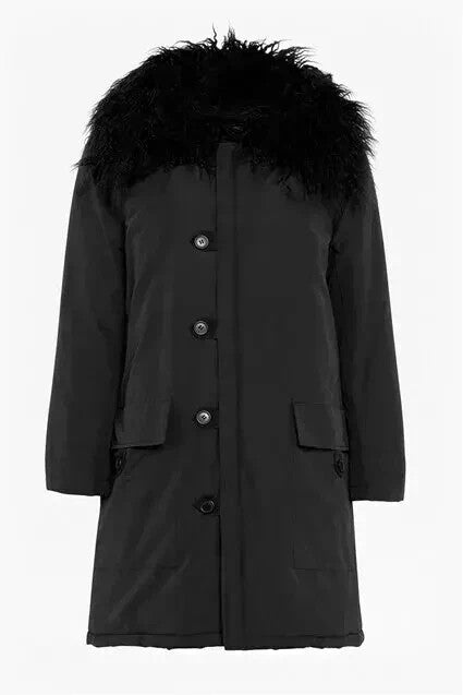 FRENCH CONNECTION Women's Marlow Utility Faux Fur Parka Coat Black Jacket SIZE S