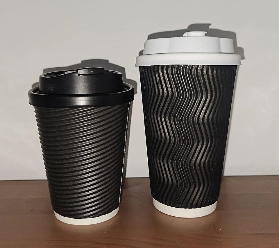 3 Layers 8oz, 12oz Disposable Coffee Cups Lids Insulated Paper Ripple Wall Cup