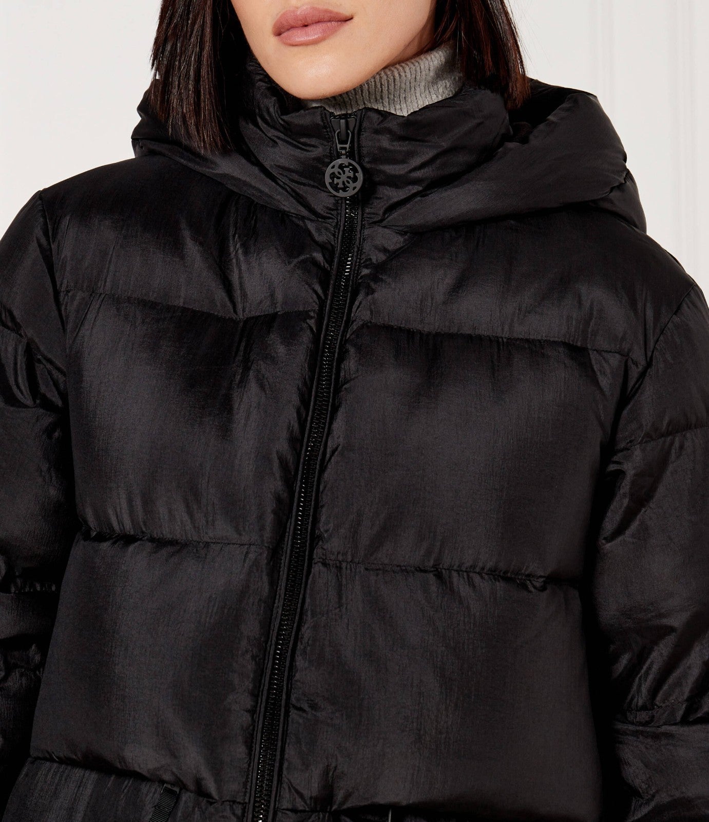 GUESS Women's Judi Hooded Puffer Long Bomber Padded Jacket Black LARGE