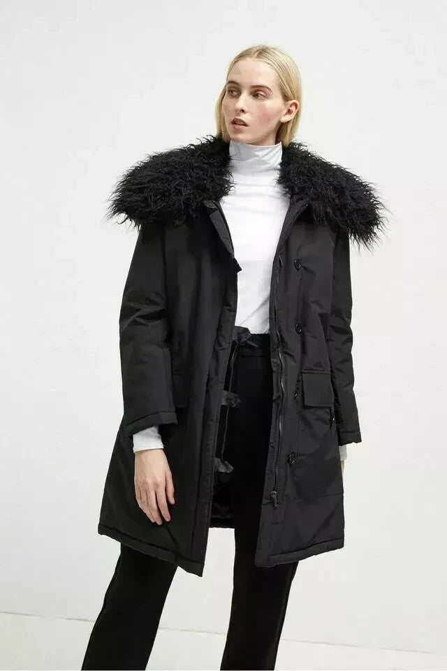 FRENCH CONNECTION Women's Marlow Utility Faux Fur Parka Coat Black Jacket SIZE S