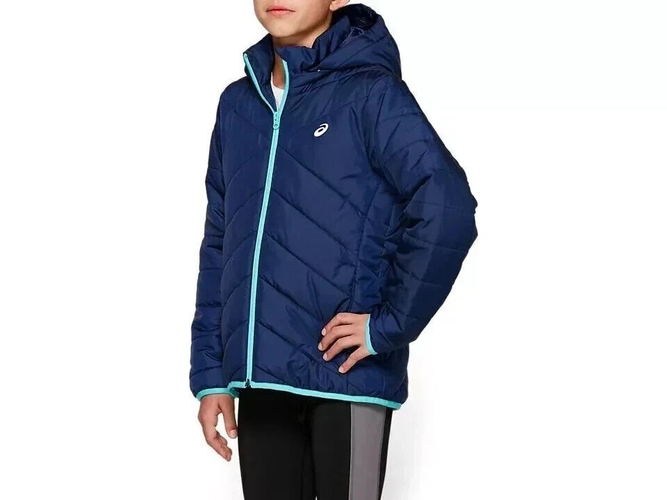 Asics 2034A077-400 Kids Insulated Jacket Blue Hooded Windbreaker (Size M, L, XL)