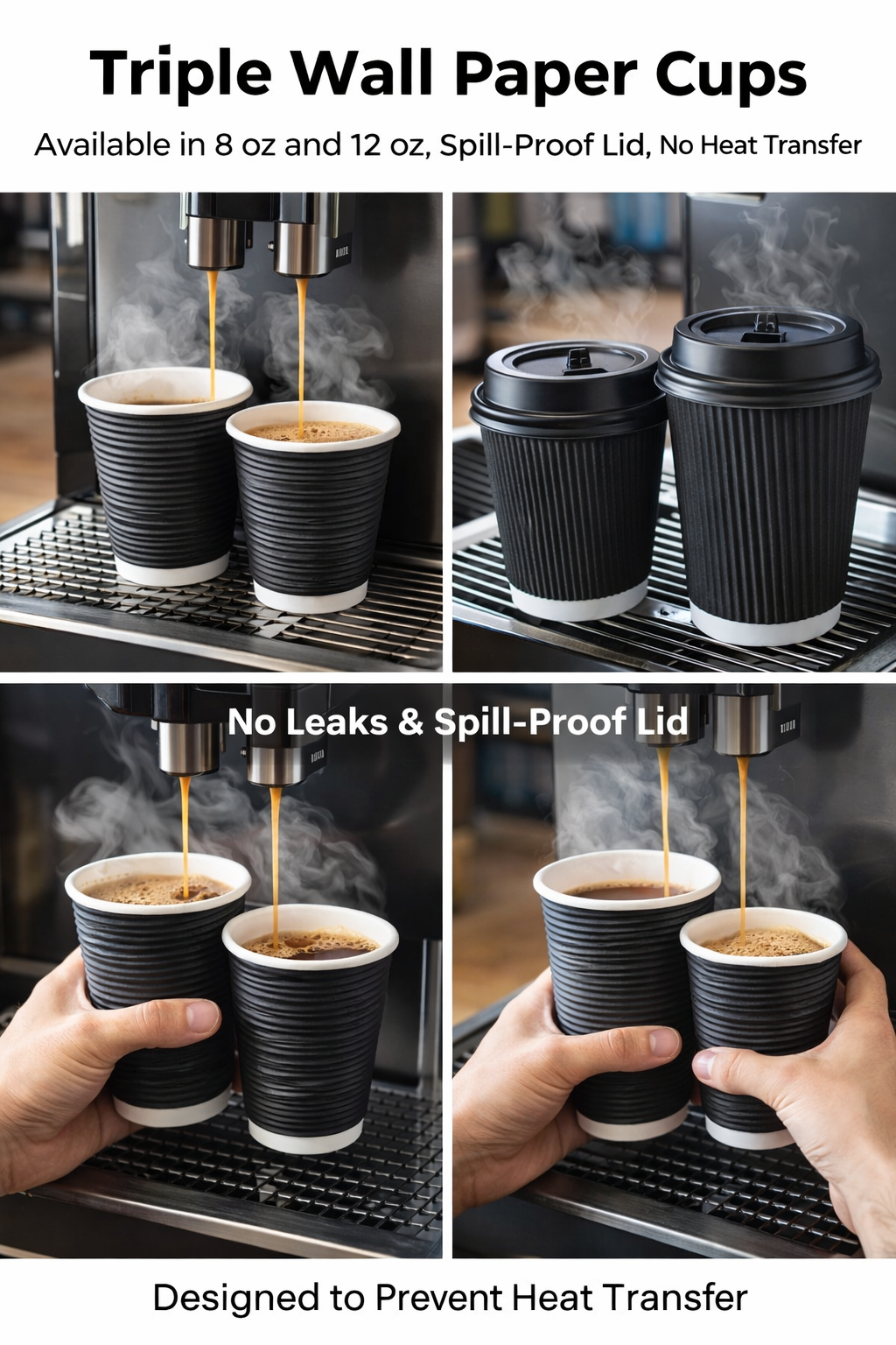 3 Layers 8oz, 12oz Disposable Coffee Cups Lids Insulated Paper Ripple Wall Cup