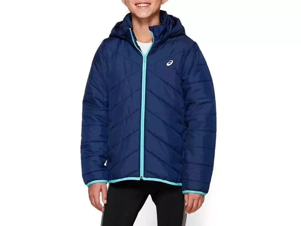Asics 2034A077-400 Kids Insulated Jacket Blue Hooded Windbreaker (Size M, L, XL)