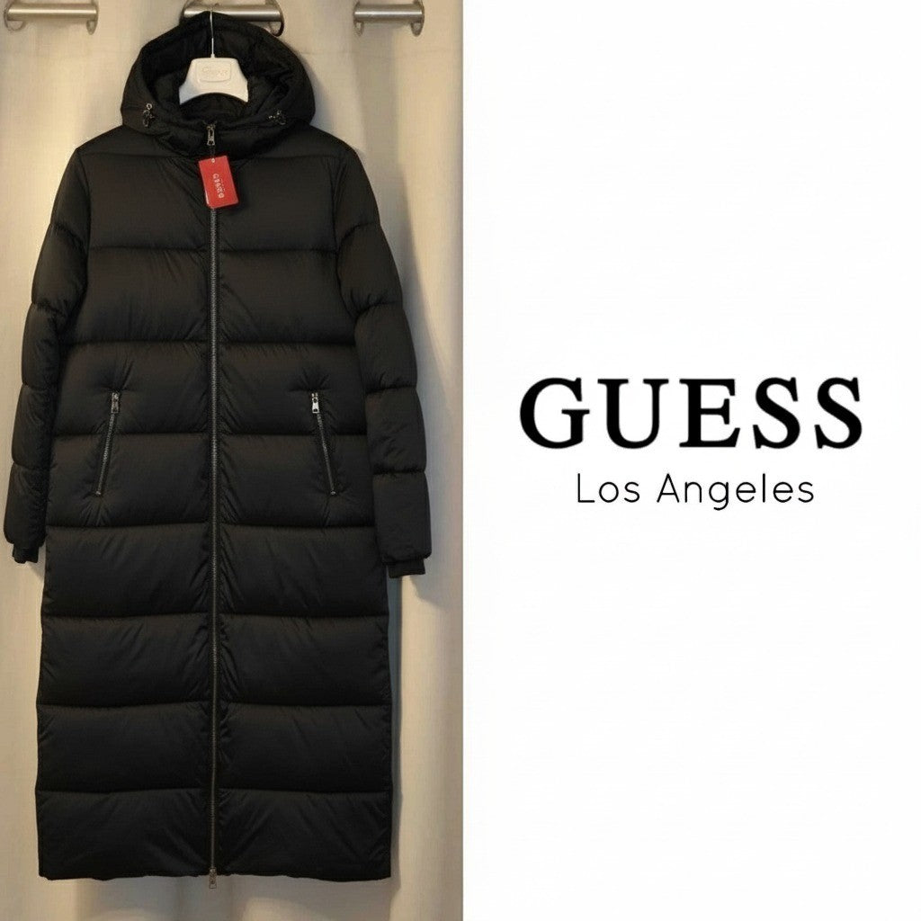 GUESS Women's Judi Hooded Puffer Long Bomber Padded Jacket Black LARGE