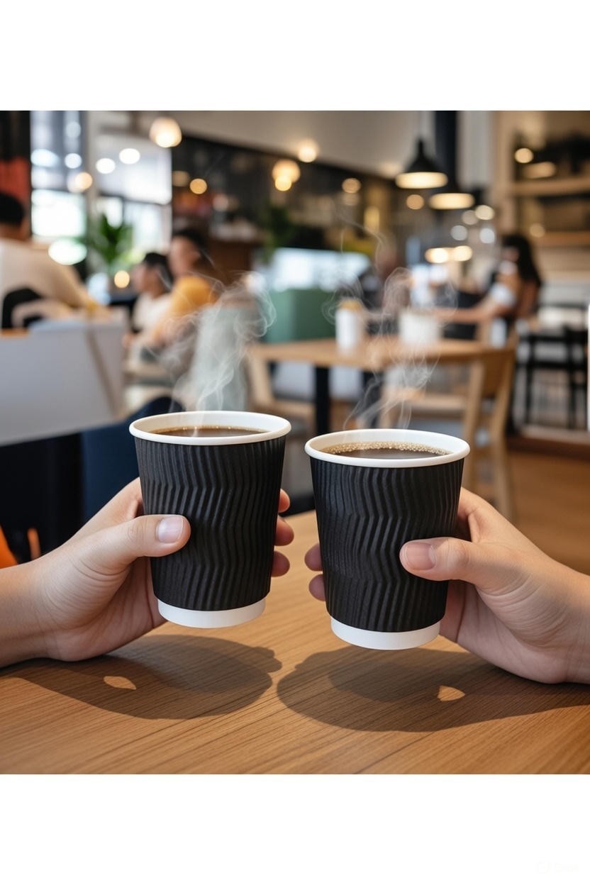 3 Layers 8oz, 12oz Disposable Coffee Cups Lids Insulated Paper Ripple Wall Cup