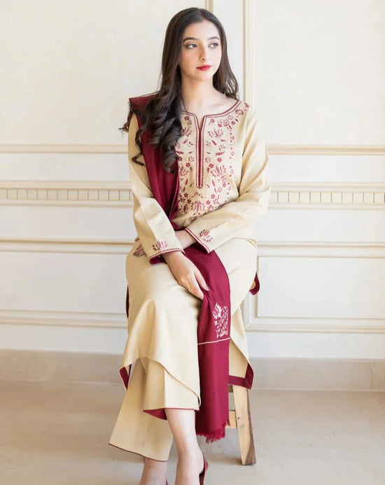 3 Piece Unstitched Heavy Embroidered Dhanak Suit  Full Embroidered Dhanak Shawl