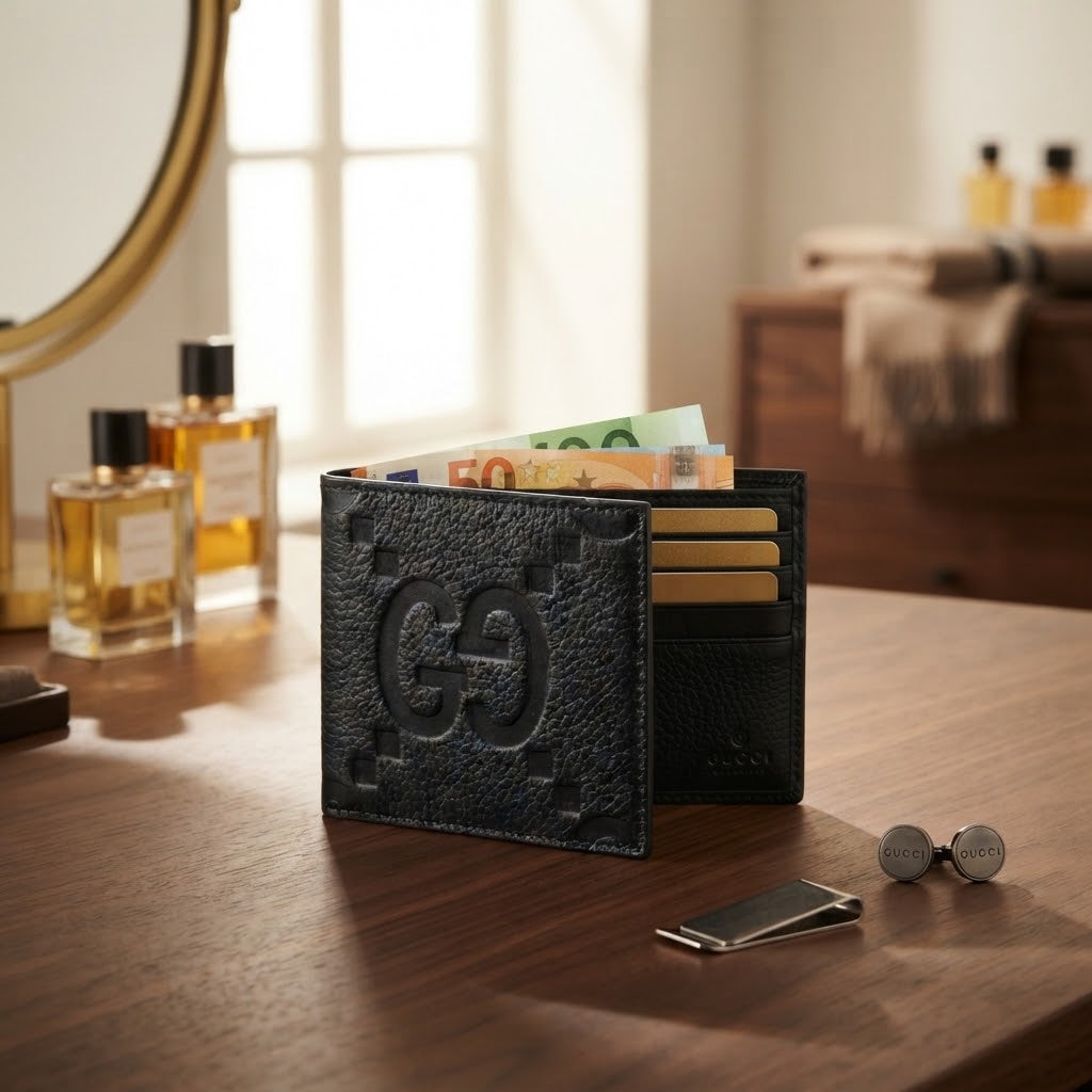Gucci GG Embossed Black Leather Bifold Wallet