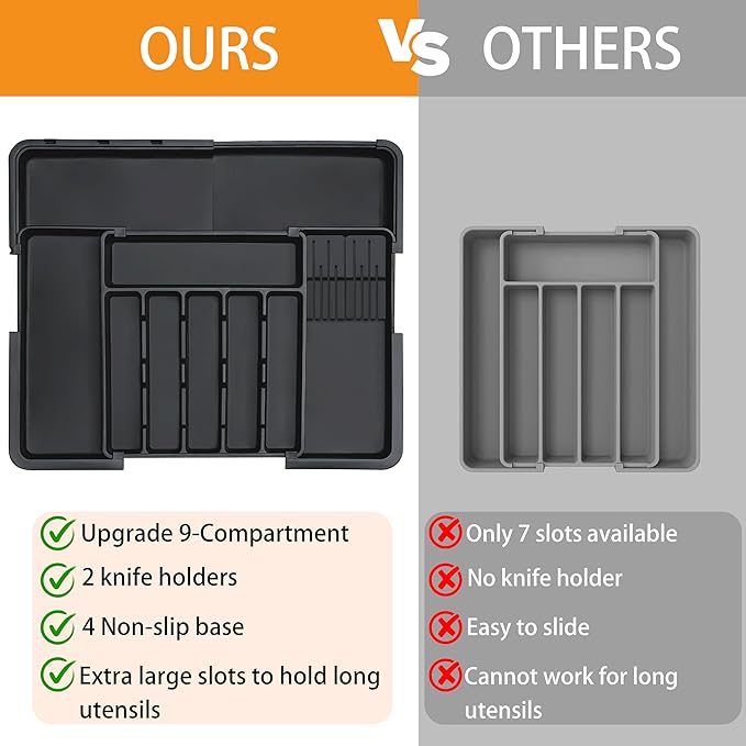 Multi-Compartment Black Plastic Drawer & Kitchen Gadgets Organizer showcasing multiple compartments designed for efficient storage of utensils and kitchen gadgets.