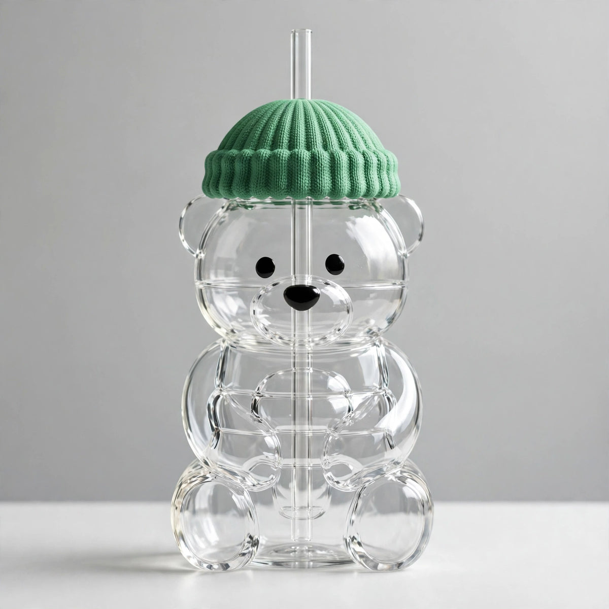 Bear Glass Cup with Straw and Beanie Lid