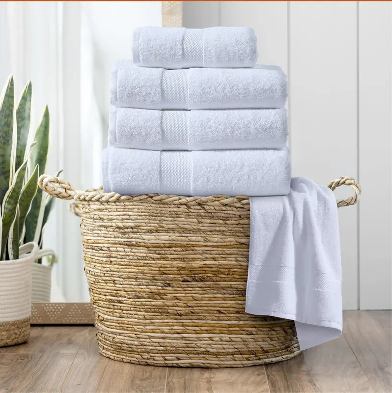 All components of the LUXURY 3-PIECE TOWEL SET ULTRA SOFT & ABSORBENT including a bath towel, hand towel, and washcloth, beautifully arranged and ready for use.