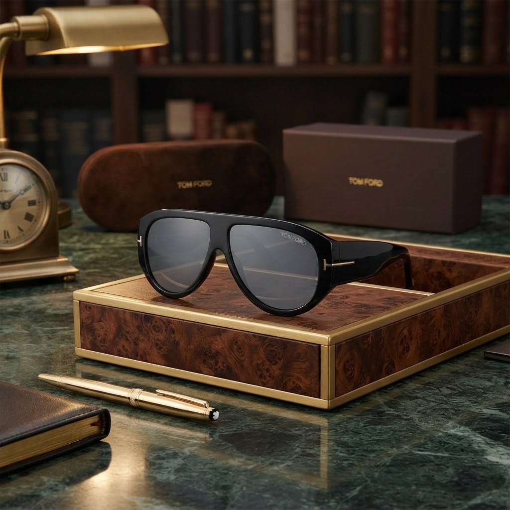 Tom Ford Black Navigator Sunglasses with Case & Box Set