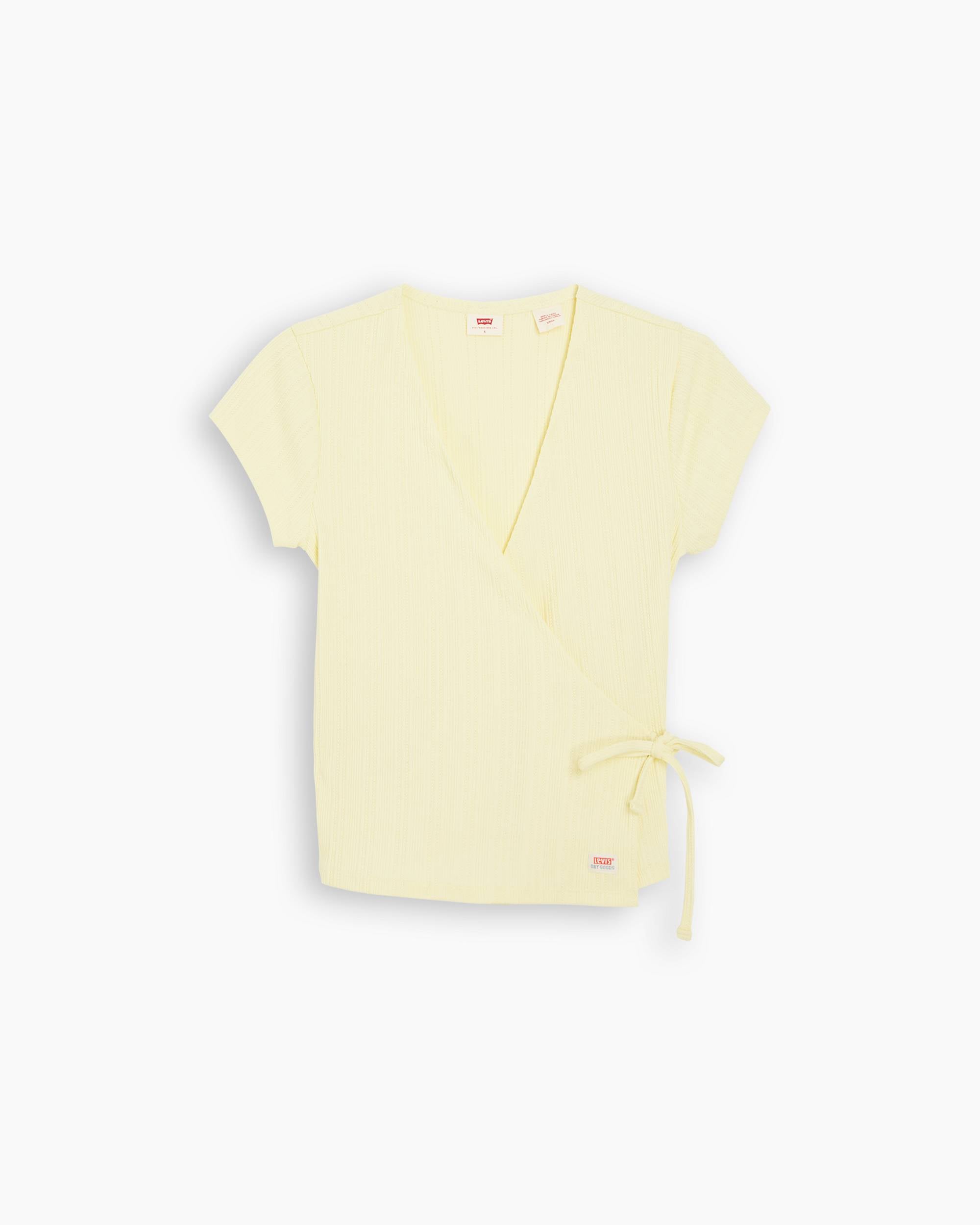 Womens Pointelle Wrapover Tee Top Shirt Yellow Yoga(All Sizes)