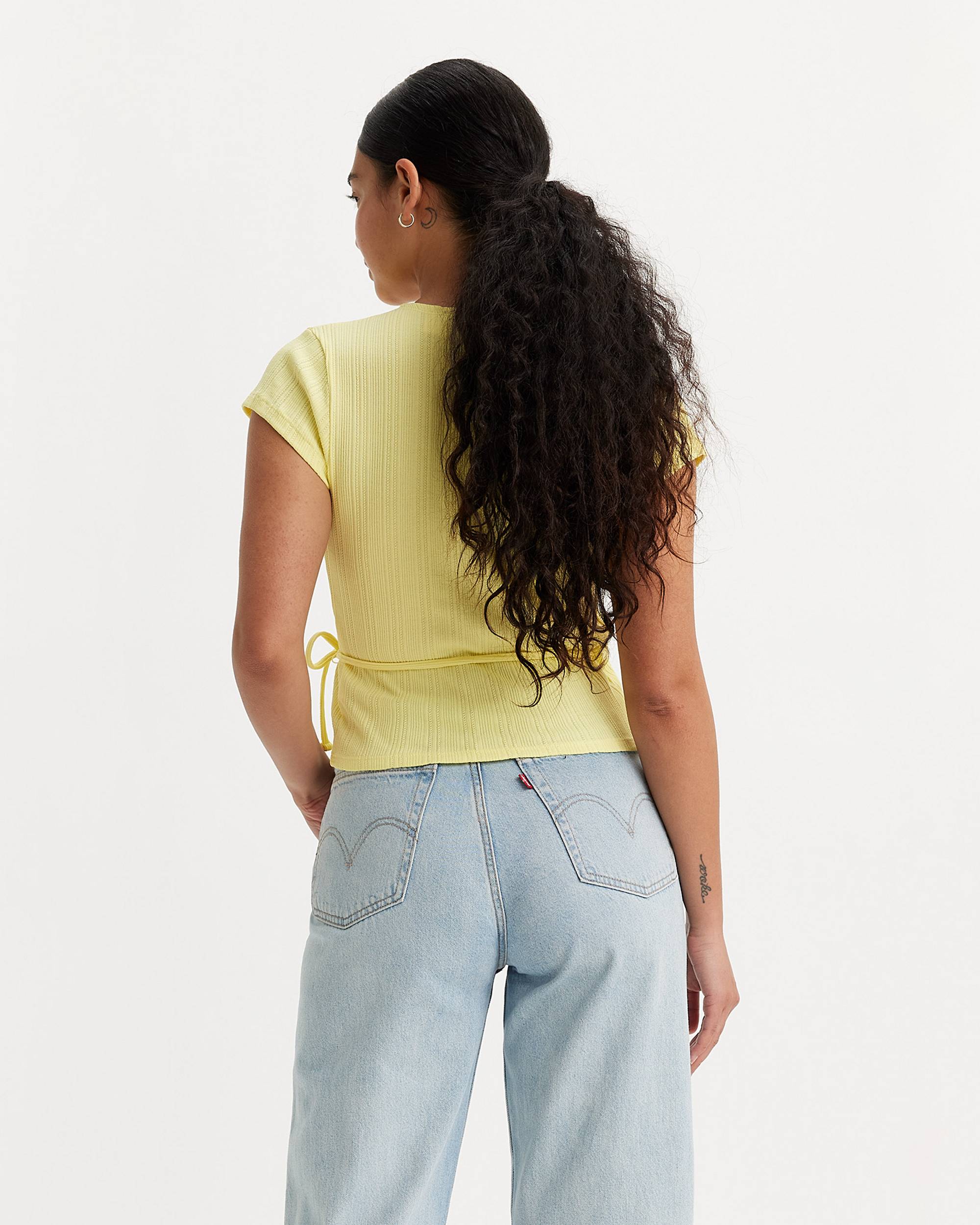 Womens Pointelle Wrapover Tee Top Shirt Yellow Yoga(All Sizes)