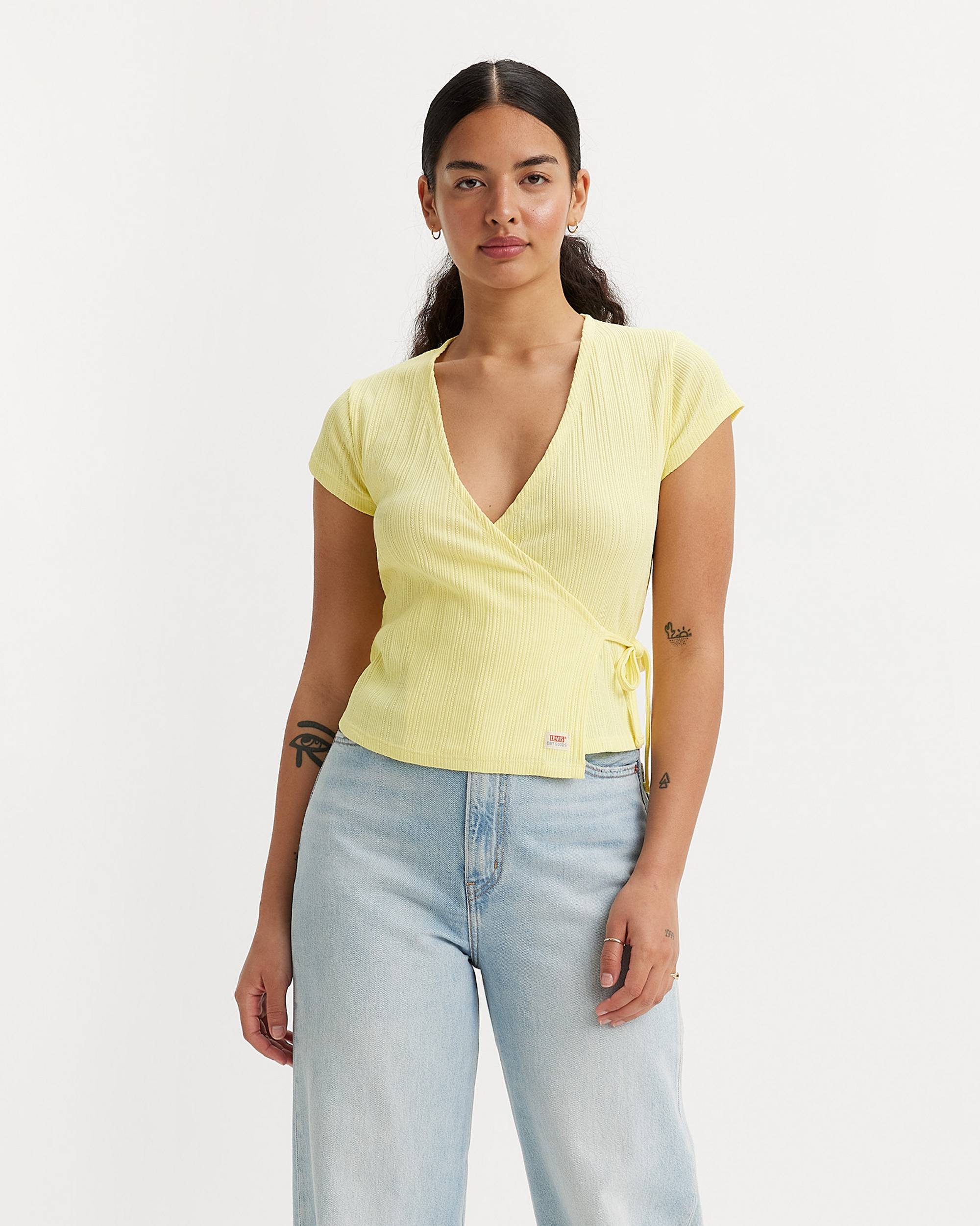 Womens Pointelle Wrapover Tee Top Shirt Yellow Yoga(All Sizes)