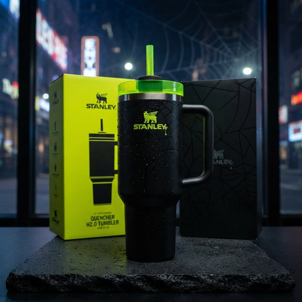 Stanley Quencher H2.0 FlowState Tumbler with Straw and Gift Box, Black & Neon Green Spider Web