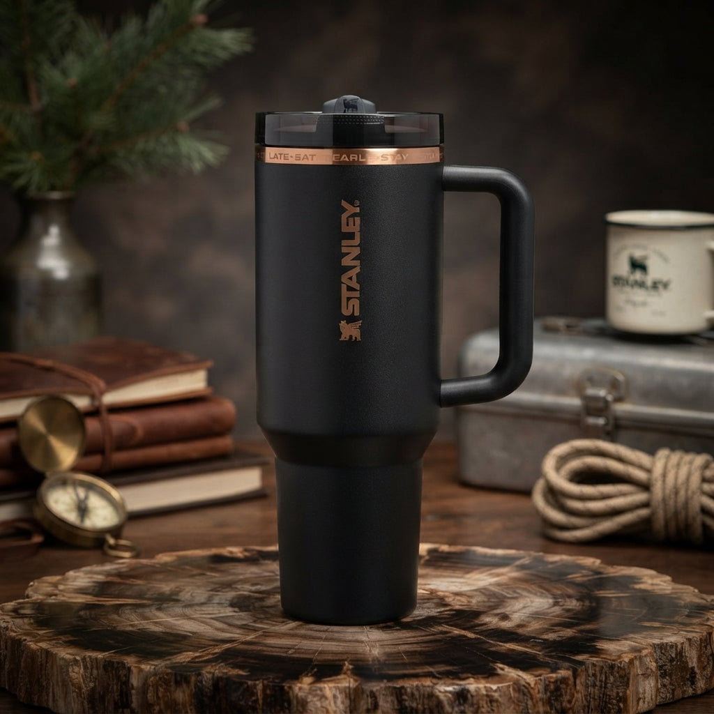 Messi x Stanley Quencher H2.0 FlowState Insulated Stainless Steel 40oz Tumbler, Matte Black with Rose Gold Details