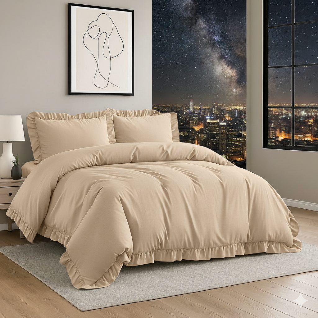 4 piece Santiago Frilled Duvet Cover & Pillowcases Plain Soft Quilt Bedding Sets arranged in a stylish bedroom, emphasizing its modern look and romantic accents.